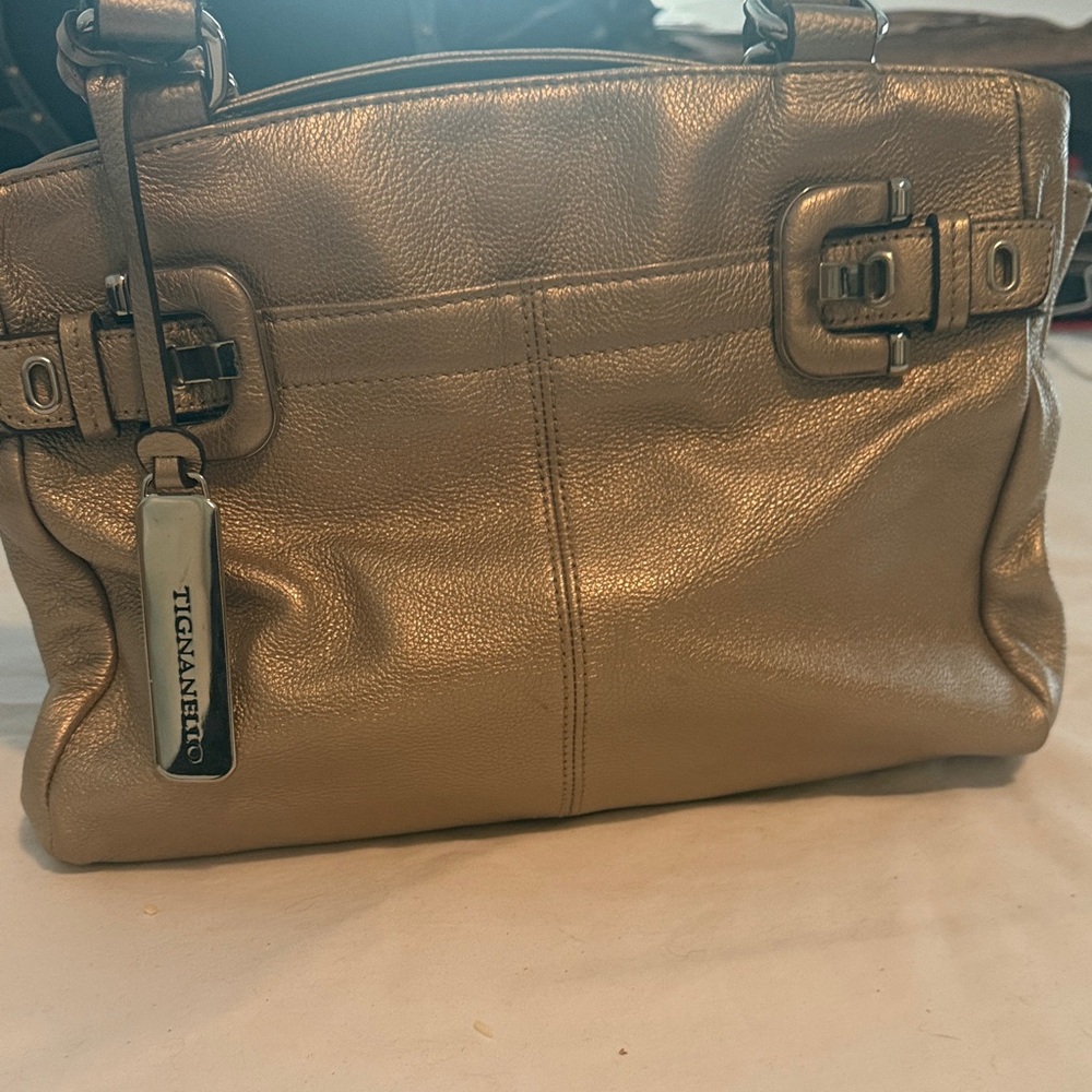 Tignanello Metallic Champagne Pebble Leather Shoulder Bag